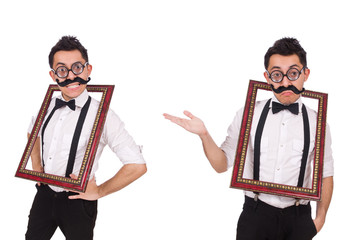 Young man with frame isolated on white