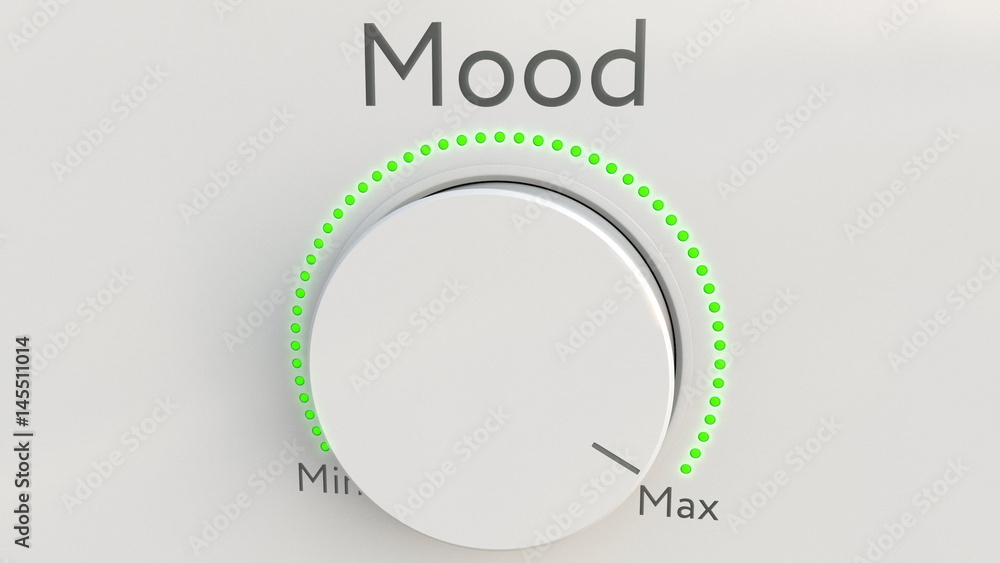 Poster turning white hi-tech knob with mood inscription from minimum to maximum. conceptual 3d rendering