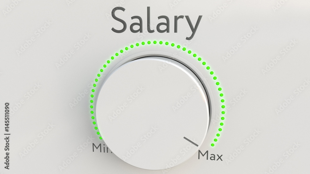 Poster turning white hi-tech knob with salary inscription from minimum to maximum. conceptual 3d rendering