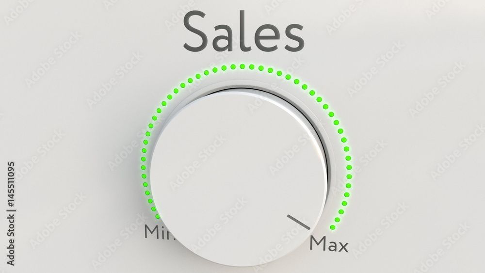 Poster turning white hi-tech knob with sales inscription from minimum to maximum. conceptual 3d rendering