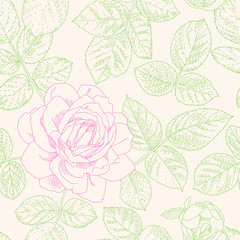 Floral seamless pattern. Beautiful roses background. Retro style contour drawn illustration. Design may be used for wallpaper, textile, wrapping paper, invitation and greeting cards.