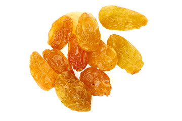 Group of golden raisins on white