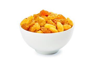 Bowl of golden raisins on white