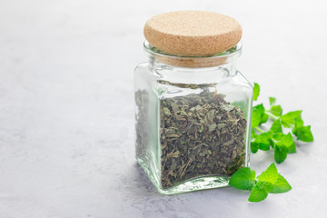 Dry herbal mint tea in a glass jar with fresh peppermint on background, horizontal, copy space