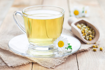Chamomile tea in glass cup, chamomile flowers and dry tea on background, horizontal