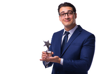 Businessman with star award isolated on white