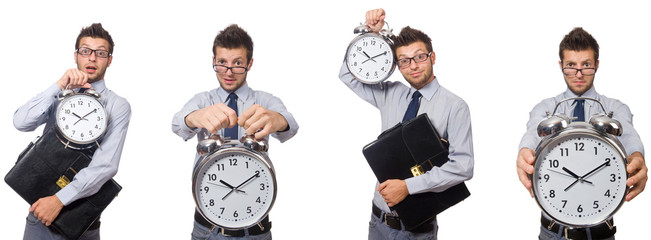 Collage of businessman with clock on white