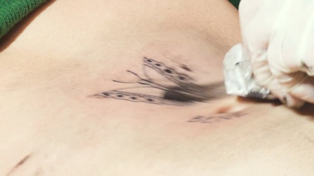 Giving color to a butterfly tattooed on woman belly, tattoos artist work