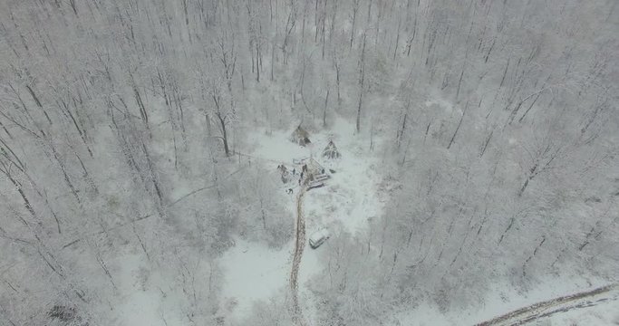 Ural forest, rock, mountain and river. Aerial view