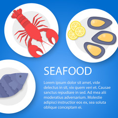 Cooked fish, lobster and mussels on plate. Seafood on blue background with text