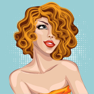 Pin up style sexy dreaming woman portrait, pop art girl looking up face, vector