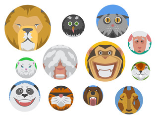 Cute animals emotions icons isolated fun set face happy character emoji comic adorable pet and expression smile collection wild avatar vector illustration.