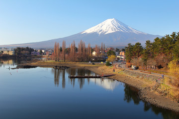 Beautiful scenery of Mountain Fuji and clear sky at kawaguchiko lake in Japan This is a very popular for photographers and tourists. Travel and Attraction Concept.