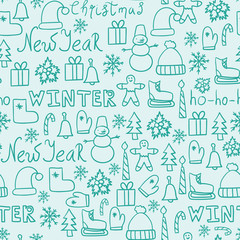 Cartoon doodles hand drawn style seamless pattern winter design wallpaper vector illustration.