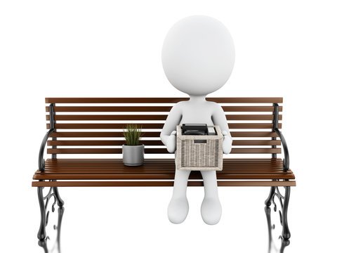 3d White people seated on a bench with his stuff