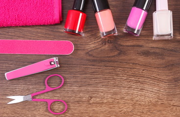 Obraz na płótnie Canvas Cosmetics and accessories for manicure or pedicure, concept of nail care, copy space for text