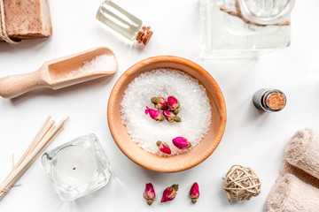 Aromatherapy SPA set with salt and natural oil white background top view