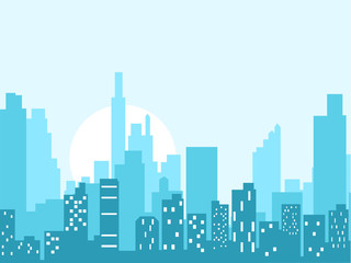 Naklejka premium City skyline vector illustration. Urban landscape. Blue city silhouette. Cityscape in flat style. Modern city landscape. Cityscape backgrounds. Daytime city skyline.