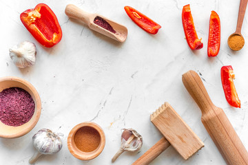 cooking tools in restoraunt concept on white background top view mock up