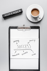 workplace with business plan on gray background top view