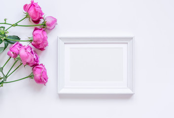 pink peony and frame for present on white background top view mockup