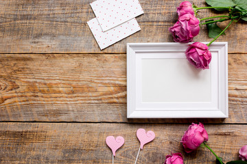 Present for woman with peony, frame, hearts top view space for text