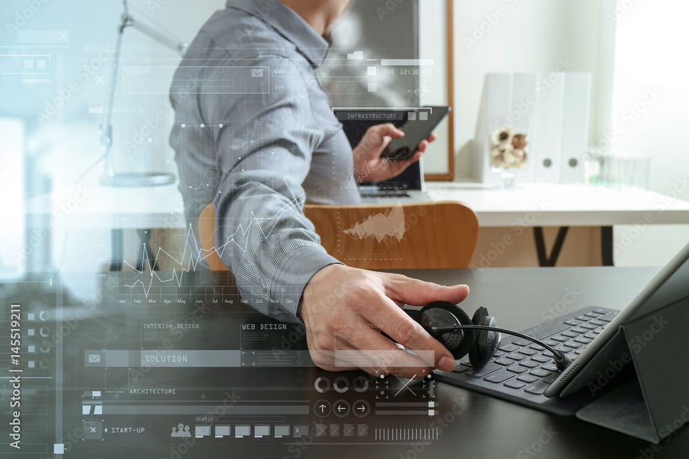 Poster businessman using voip headset with digital tablet computer and smart phone,as concept communication