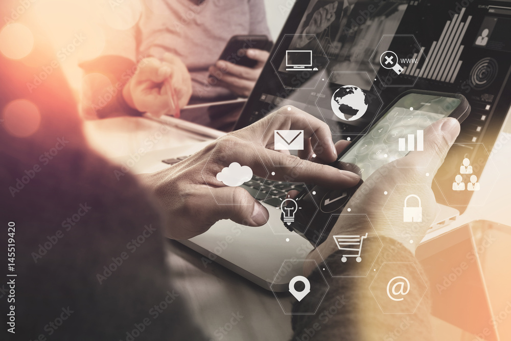 Poster co working team meeting concept,businessman using smart phone and laptop and digital tablet computer in modern office with virtual interface icons network diagram