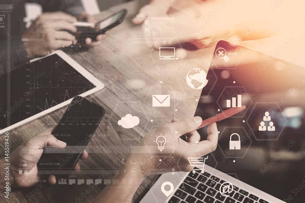 Aufkleber co working team meeting concept,businessman using smart phone and laptop and digital tablet computer in modern office with virtual interface icons network diagram
