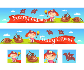 Vector illustration of the layout of a game banner with the girl, spiders and bats