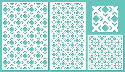 Set of decorative panels laser cutting. a wooden panel. Modern elegant square diagonal geometric pattern allover. The ratio 2:3, 1:2, 1:1. Vector illustration.