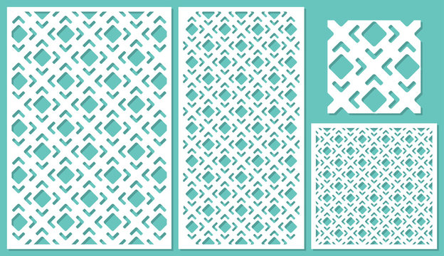 Set of decorative panels laser cutting. a wooden panel. Modern elegant square diagonal geometric pattern allover. The ratio 2:3, 1:2, 1:1. Vector illustration.