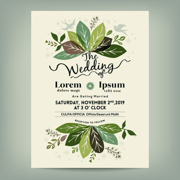 Wedding Invitation With Green Floral Leaves Branch