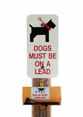 dog on leash sign on white background