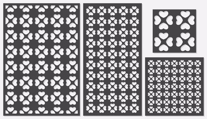 Set of decorative panels laser cutting. a wooden panel. Modern classic repeating heart pattern in square shapes. The ratio 2:3, 1:2, 1:1, seamless. Vector illustration.