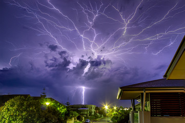 Lightning crawlers across the sky