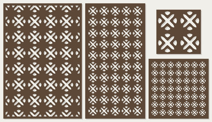 Set of decorative panels laser cutting. a wooden panel. National ethnic allover pattern in square shapes. The ratio 2:3, 1:2, 1:1, seamless. Vector illustration.