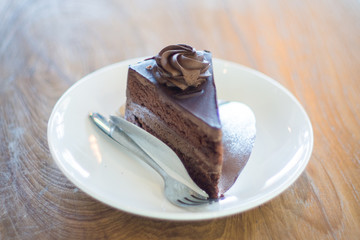 Chocolate black dark cake in the coffee shop delicious sweet