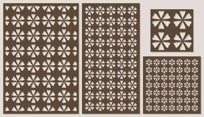 Set of decorative panels laser cutting. a wooden panel. Ethnic triangular pattern allover. The ratio 2:3, 1:2, 1:1, seamless. Vector illustration.