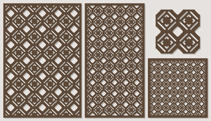 Set of decorative panels laser cutting. a wooden panel. Modern elegant classic square pattern allover. The ratio 2:3, 1:2, 1:1, seamless. Vector illustration