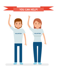 A young volunteers. The young man and the girl raised her arms and smiling. Social projects to help people. Flat vector illustration