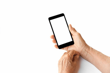 older person, hand holding smartphone white screen on white background