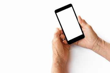 older person, hand holding smartphone white screen on white background