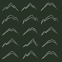 Hand Drawn Chalk Mountain Silhouette Set. Isolated on Black Background.
