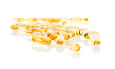 Fish oil omega 3 gel capsules isolated on white background