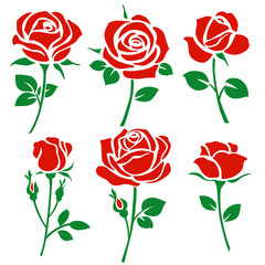 Fototapeta premium Set of decorative red rose silhouette with green leaves. Vector illustration. Flower icon