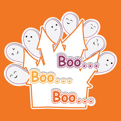 Cute ghost on orange background vector cartoon, Halloween postcard, wallpaper, and greeting card, T-shirt design for kids