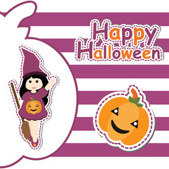 Cute girl as witch and pumpkin on striped background vector cartoon, Halloween postcard, wallpaper, and greeting card, T-shirt design for kids