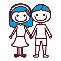 hand drawing silhouette caricature couple with blue hair in suit informal with taken hands vector illustration