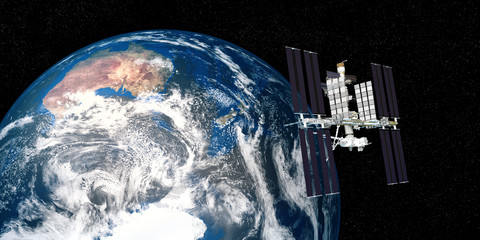 Extremely detailed and realistic high resolution 3D image of ISS - international space station orbiting Earth. Shot from outer space. Elements of this image are furnished by NASA.
